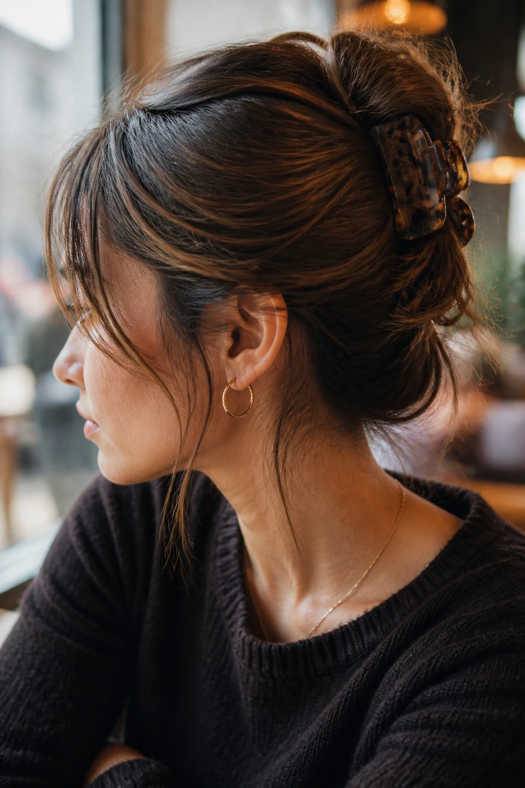 Portrait of a woman with claw clip French twist and soft layers