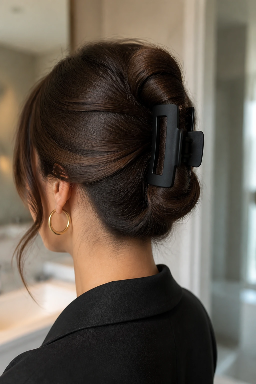Real woman with a claw clip holding a French twist at the back