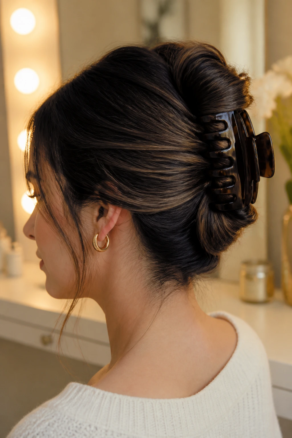Portrait of a woman with an oversized claw-clip French twist at the nape