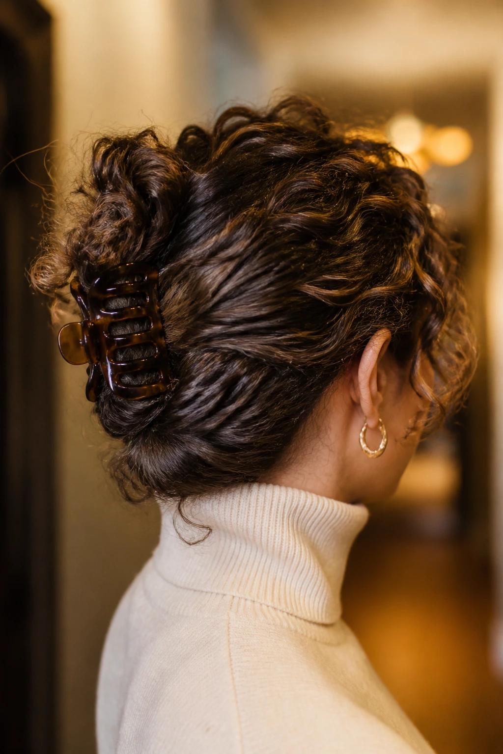 Back-view of a real woman with a claw-clip French twist.