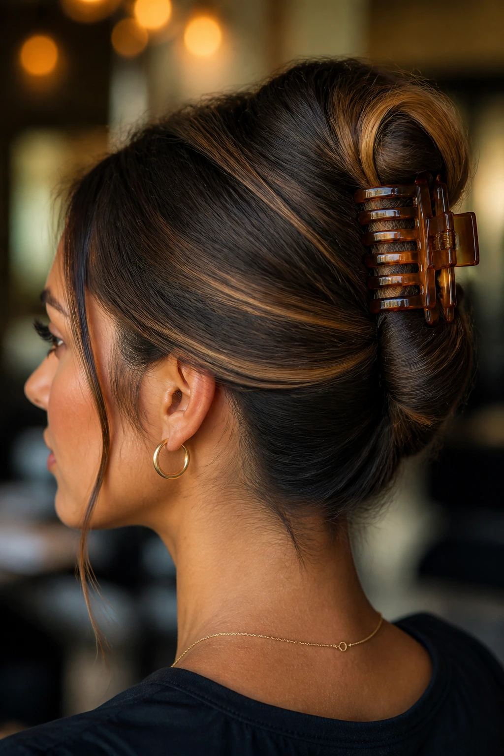 Close-up of a real woman with a thick hair claw-clip French roll and caramel highlights