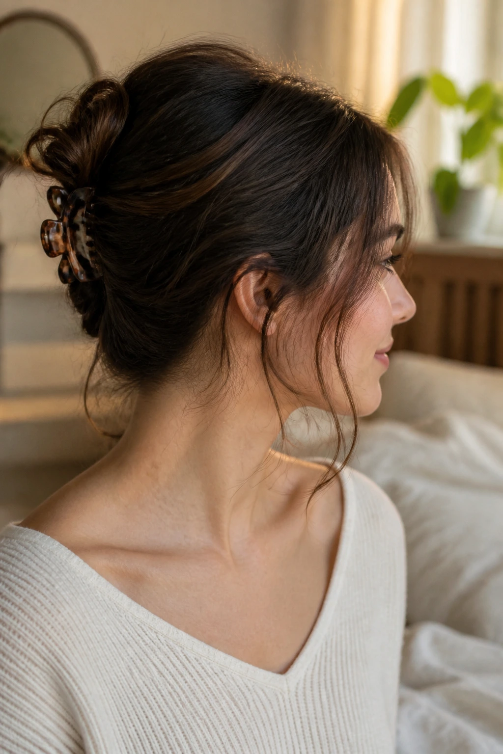 Close-up of a real woman wearing a loose claw-clip French twist at the nape