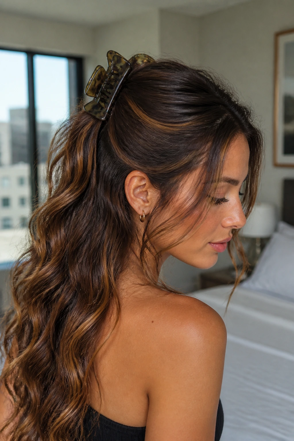 Close-up of a real woman with a medium claw clip securing a top section and face-framing pieces.