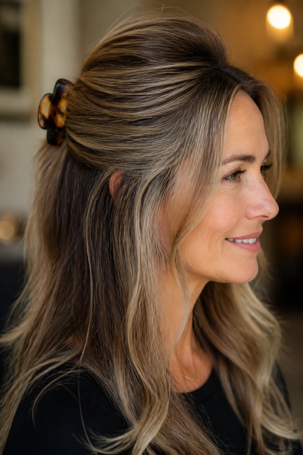 Close-up of a real woman wearing a claw-clip half-up hairstyle with lift at the crown and babylights