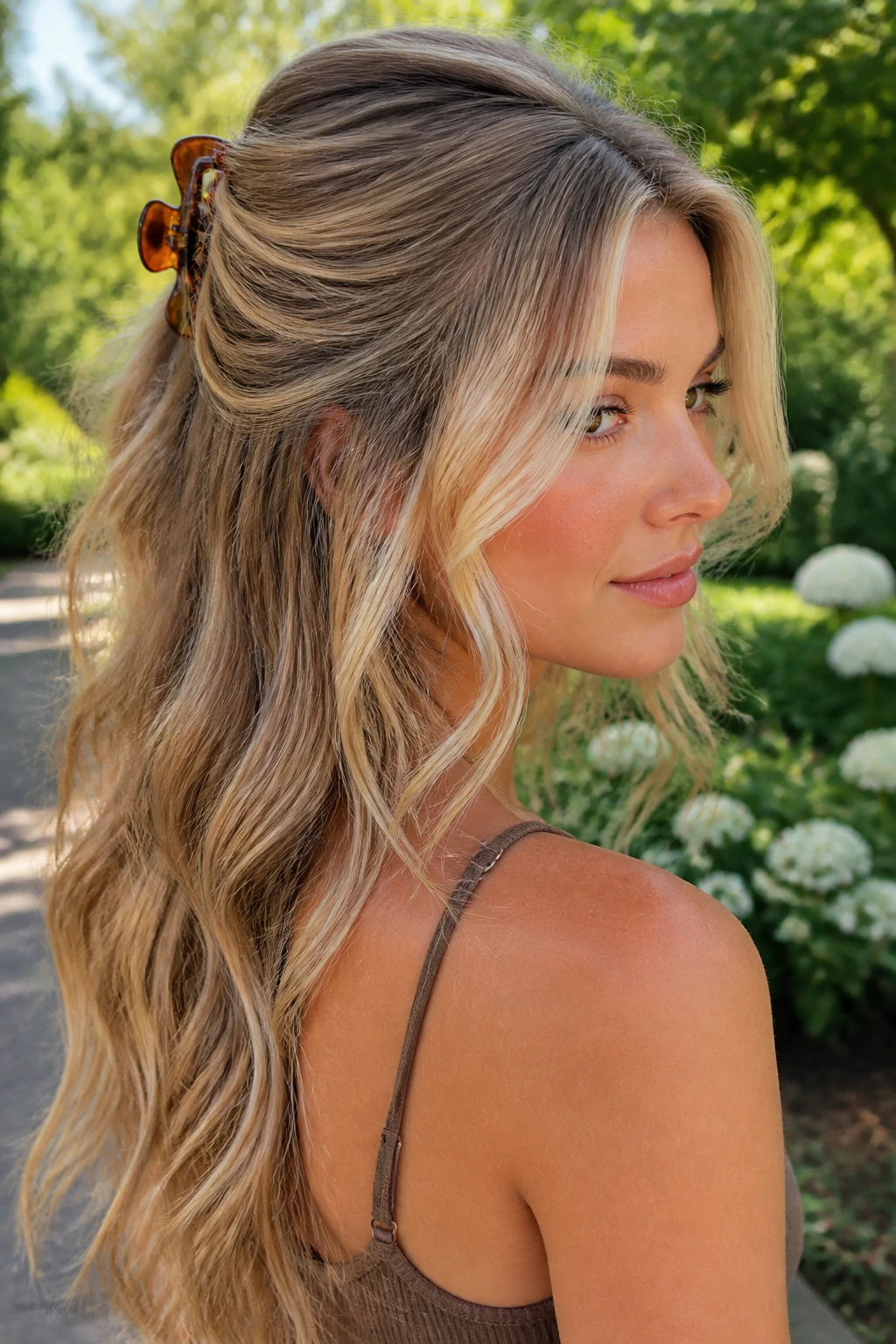 Close-up of Claw-Clip Half-Up Waves with Bright Front Pieces on a real woman in garden light