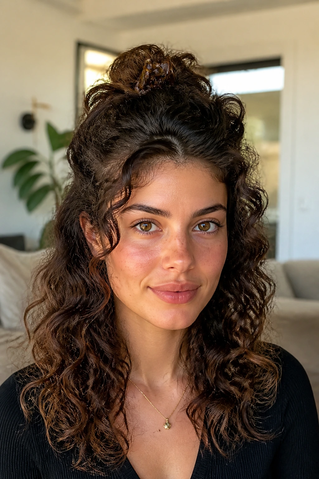 Real woman showcasing a claw-clip twist half-up hairstyle.