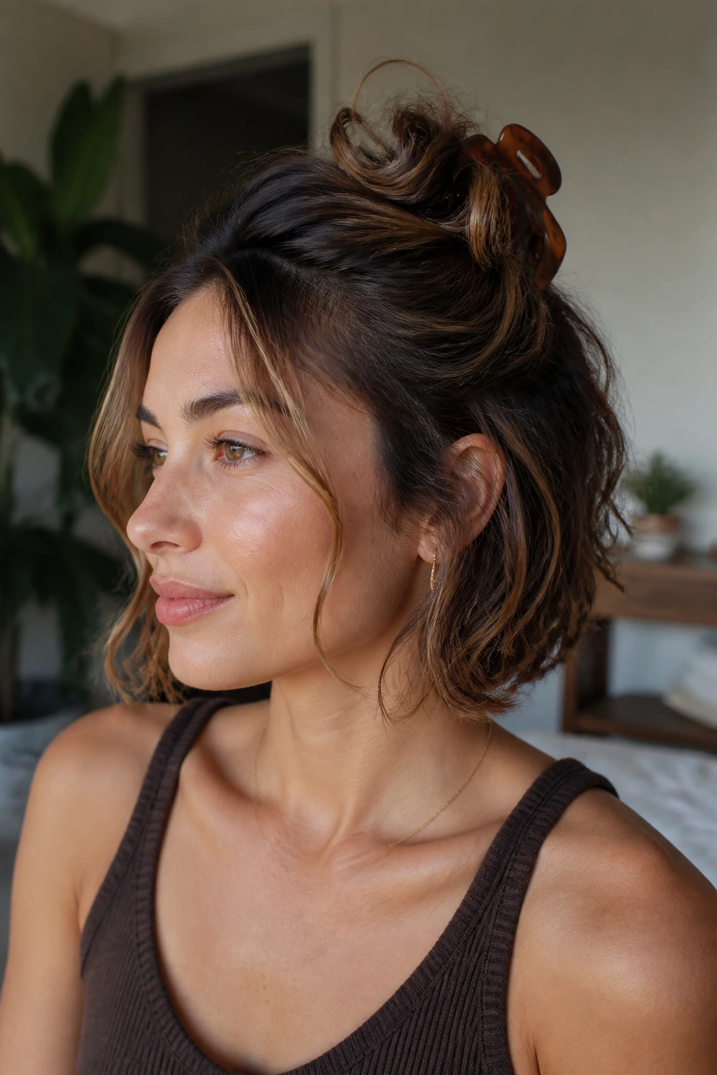 Close-up of a real woman with a claw clip half-up twist hairstyle