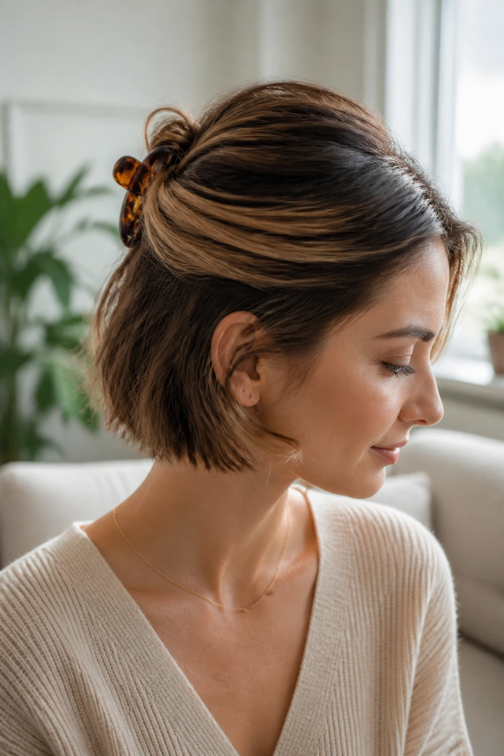 Real person with top half twisted and secured by a claw clip in short hair