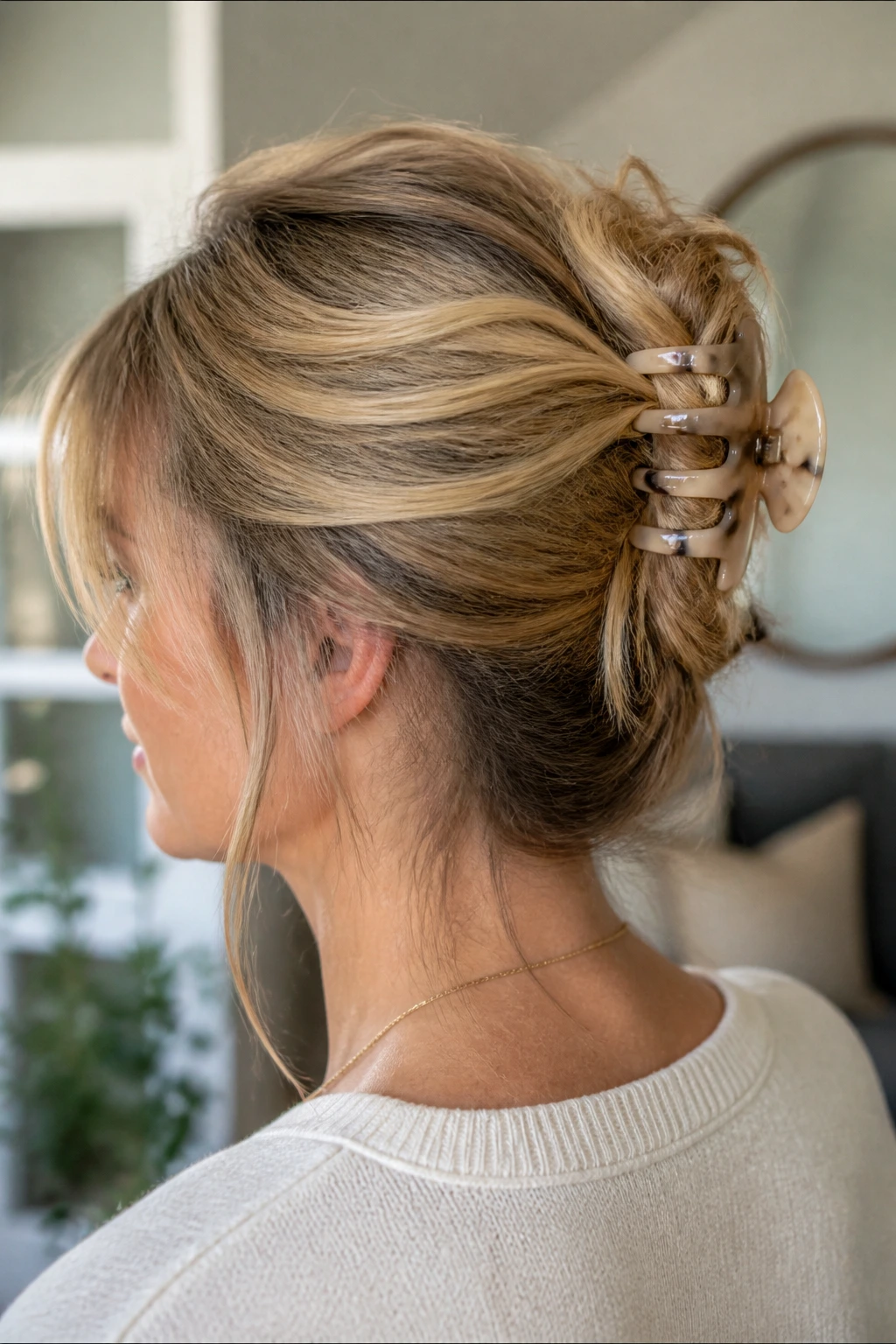 Portrait of a real woman with a claw-clip half-up twist