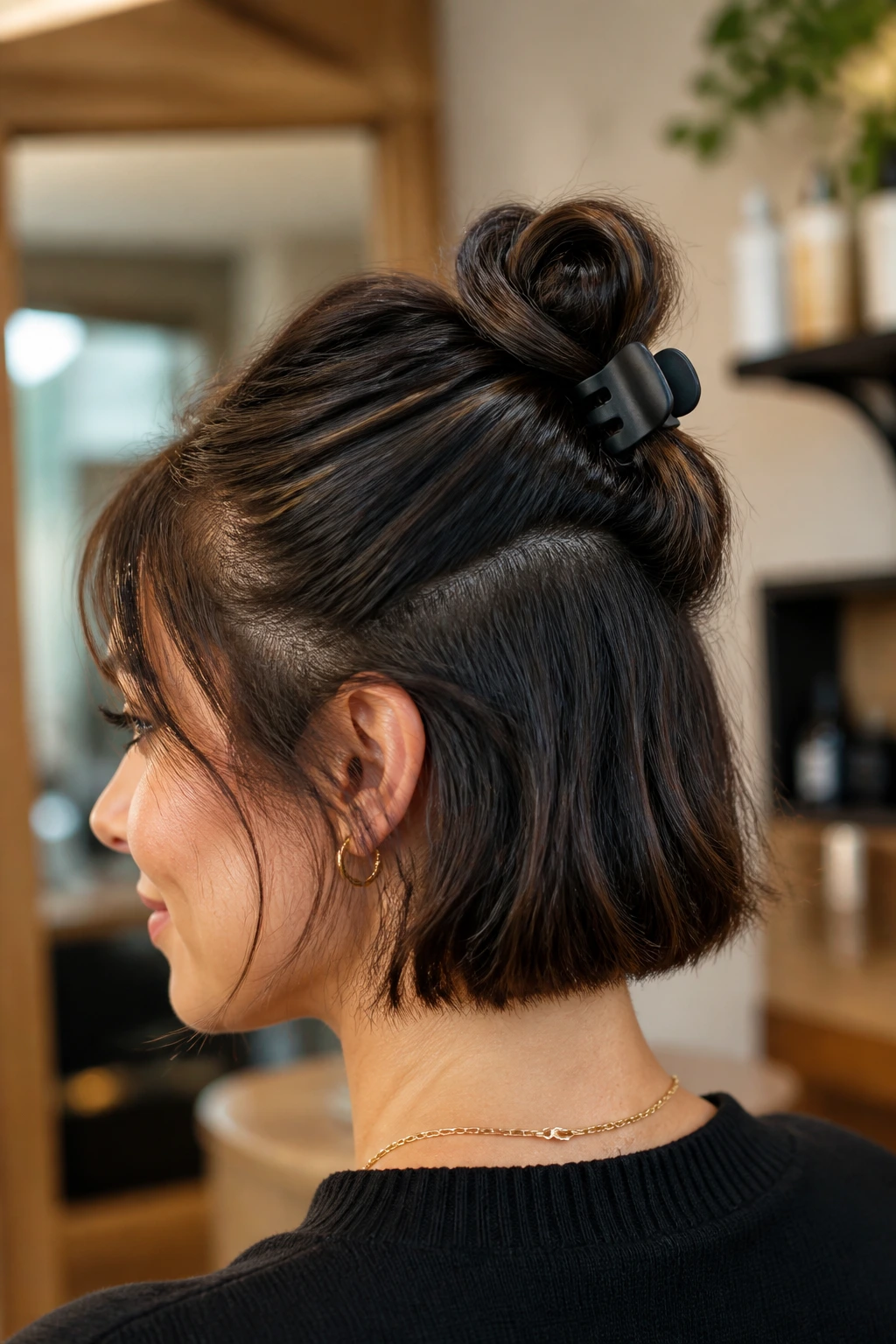 Close-up of a real woman wearing a loop bun secured by a claw clip at the crown