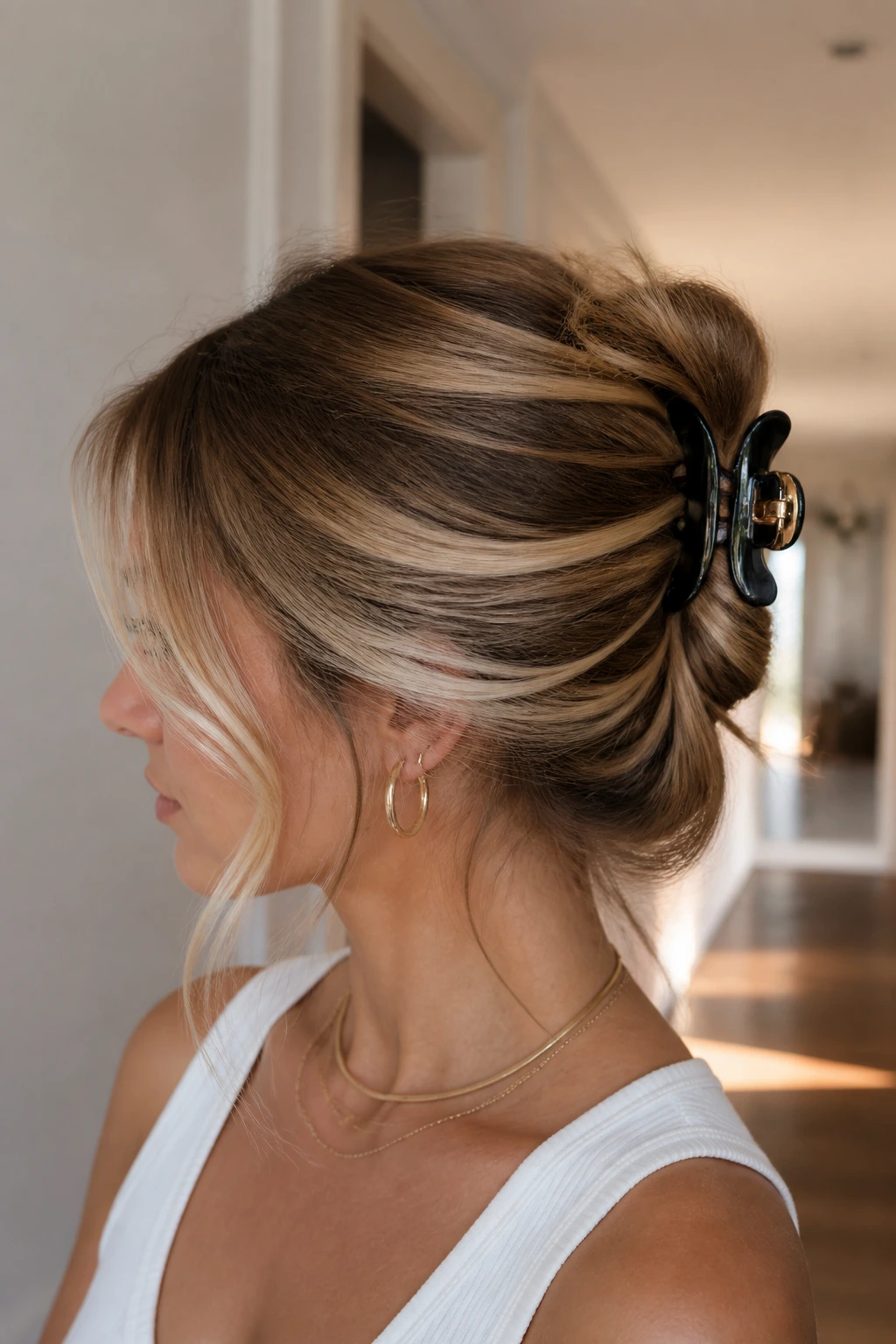 Close-up of a real woman with a claw-clip roll hairstyle and face-framing money pieces in a sunlit hallway.