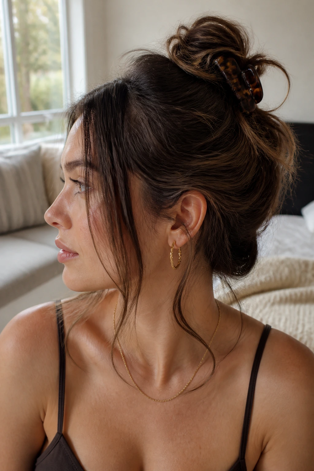 Close-up of real woman's head showing a claw-clip roll with ends spilling out