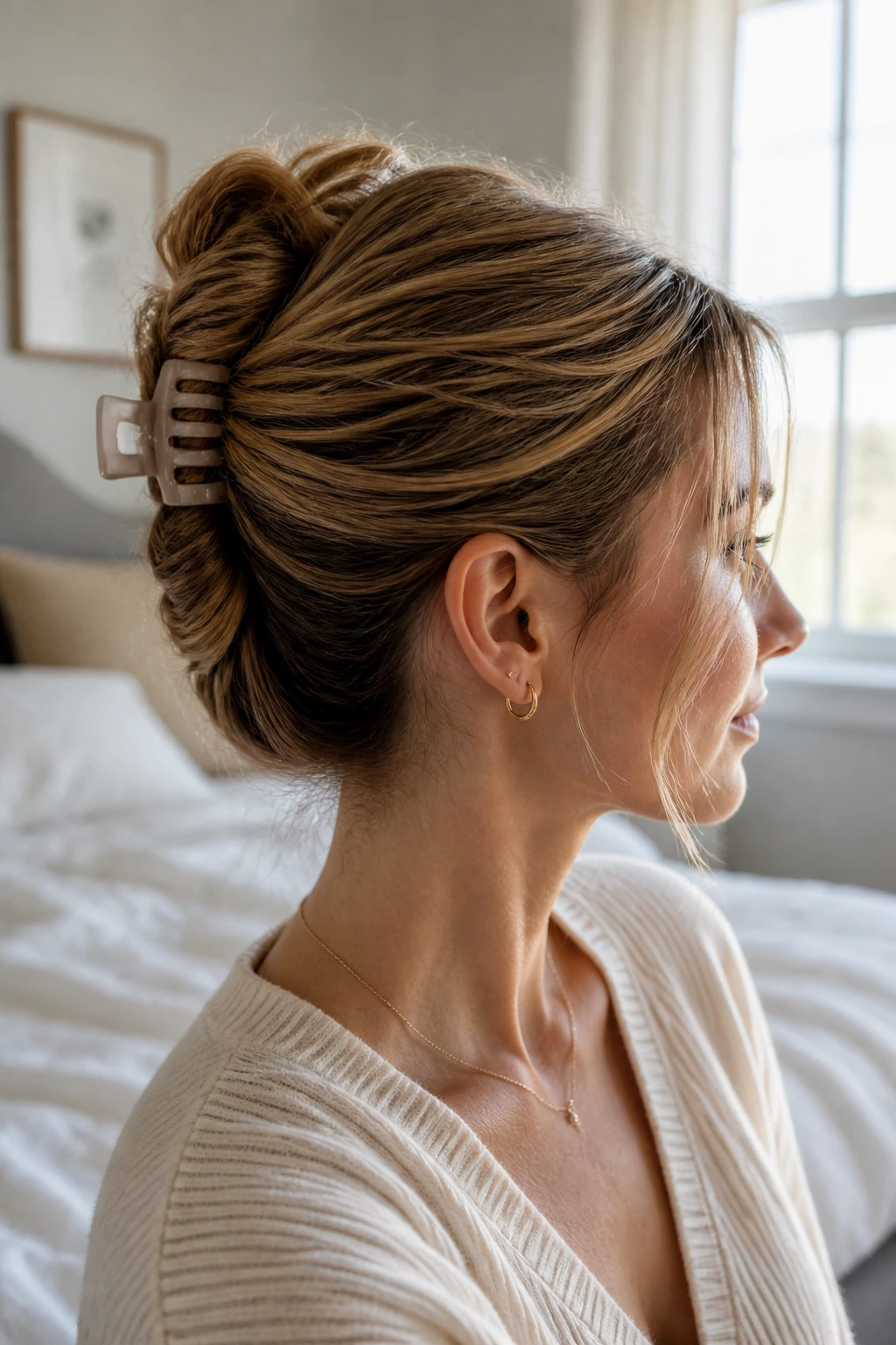 Close-up portrait of a real woman with a claw-clip roll-up hairstyle in a cozy bedroom