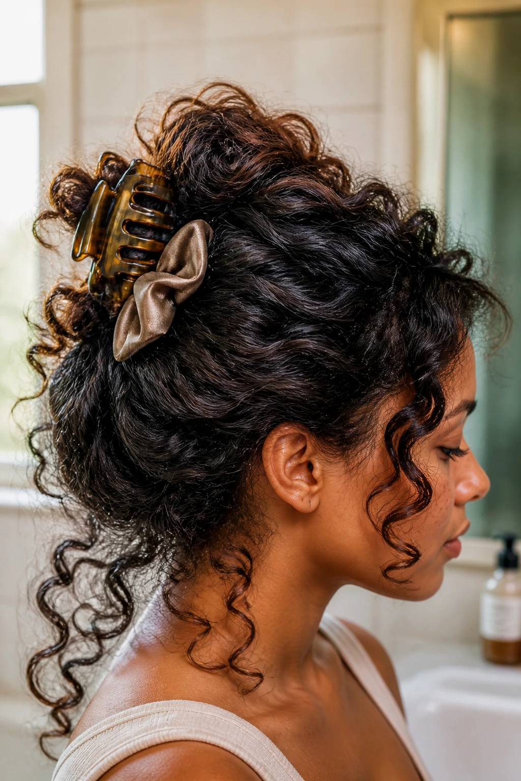 Close-up of a real woman with thick hair showing a wide claw clip and satin scrunchie
