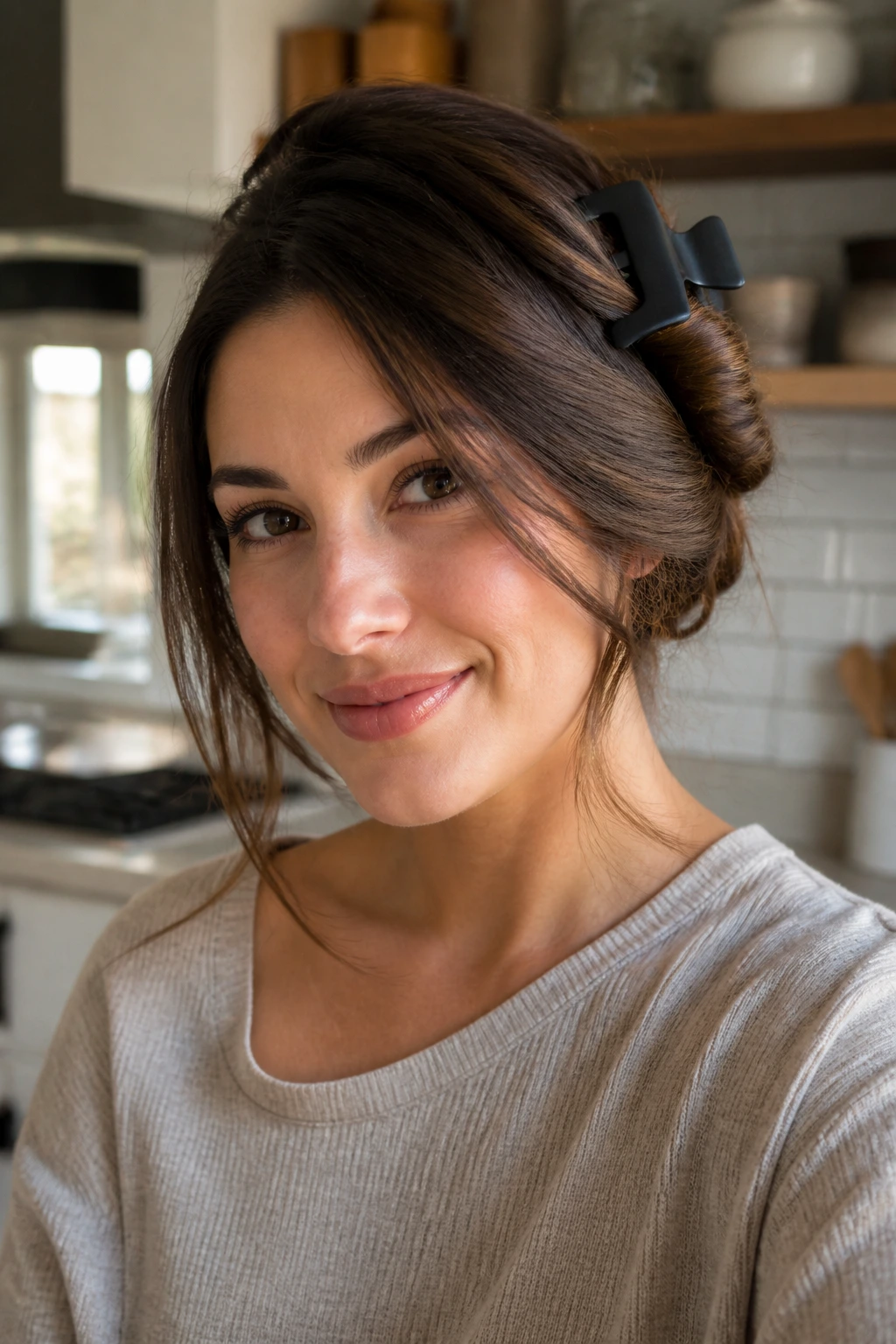 Real woman with a side twist secured by a claw clip in day-two hair.