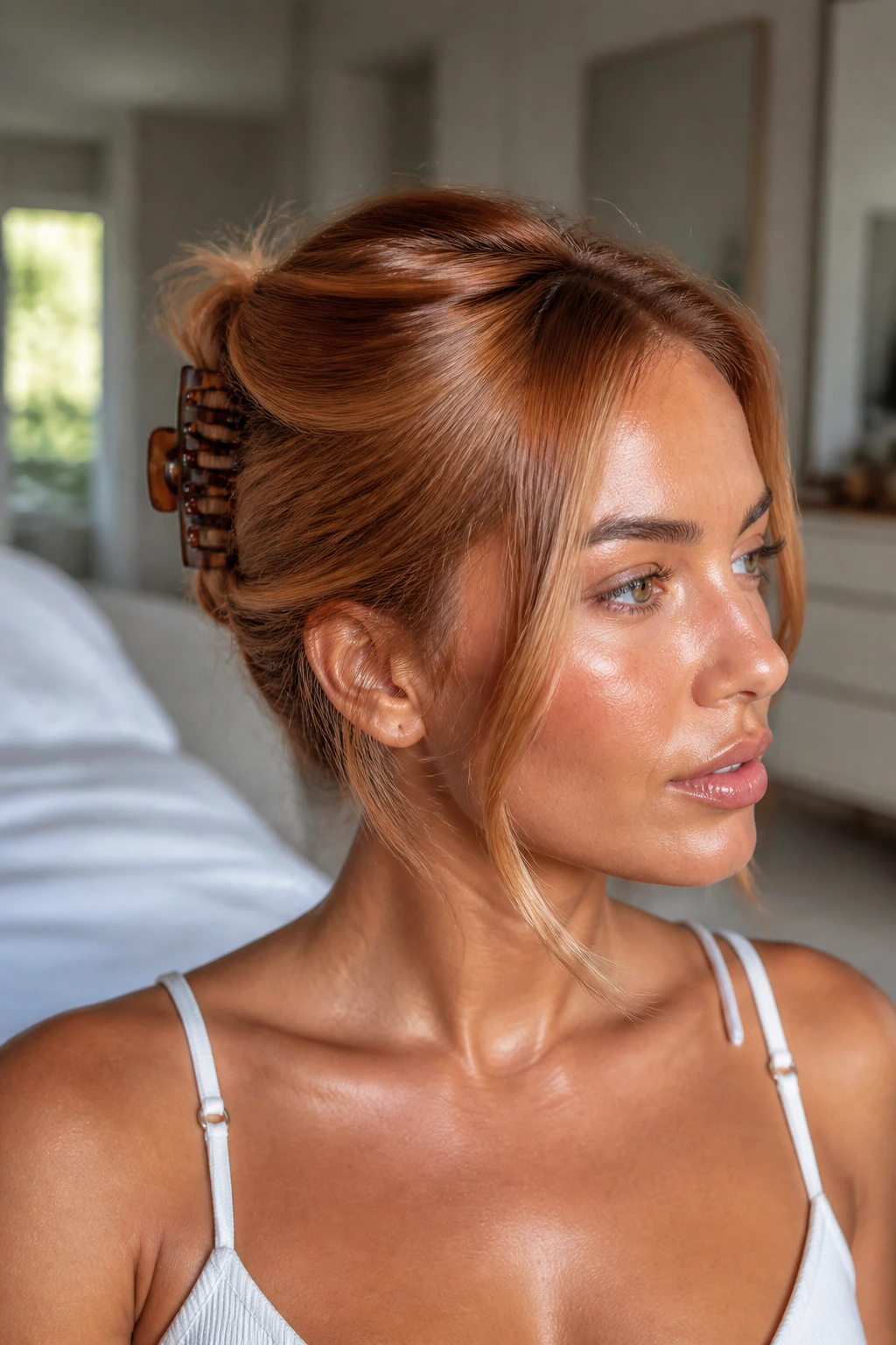 Close-up of a real woman's face with a glossy front-framing claw-clip twist on tan skin