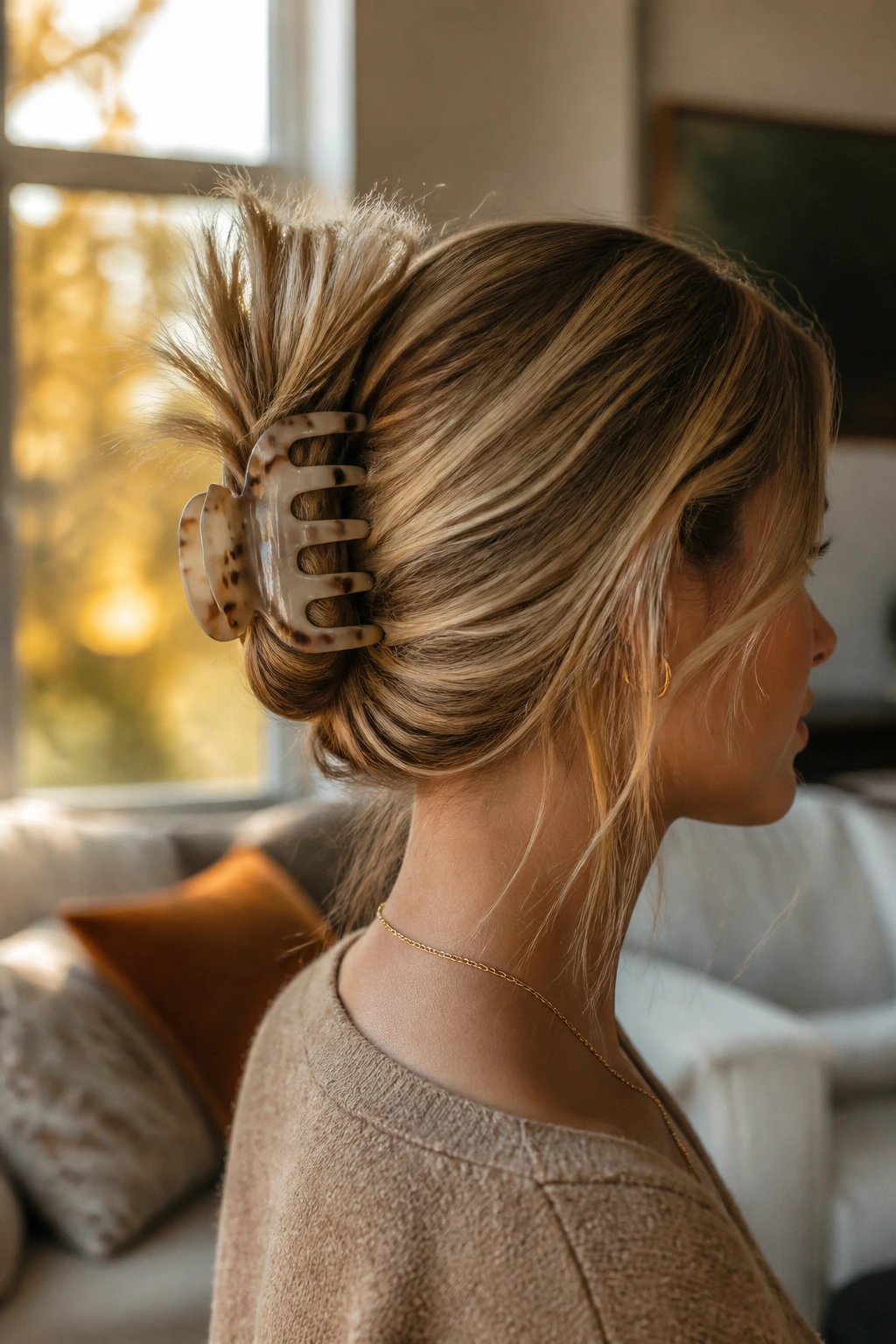 Close-up of a real woman's hair in an oversized claw clip sweep with waves