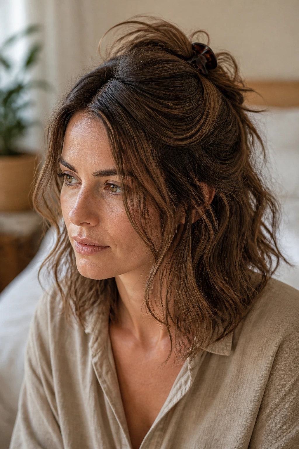 Close-up of a person with claw-clip tousled waves pinned at the crown