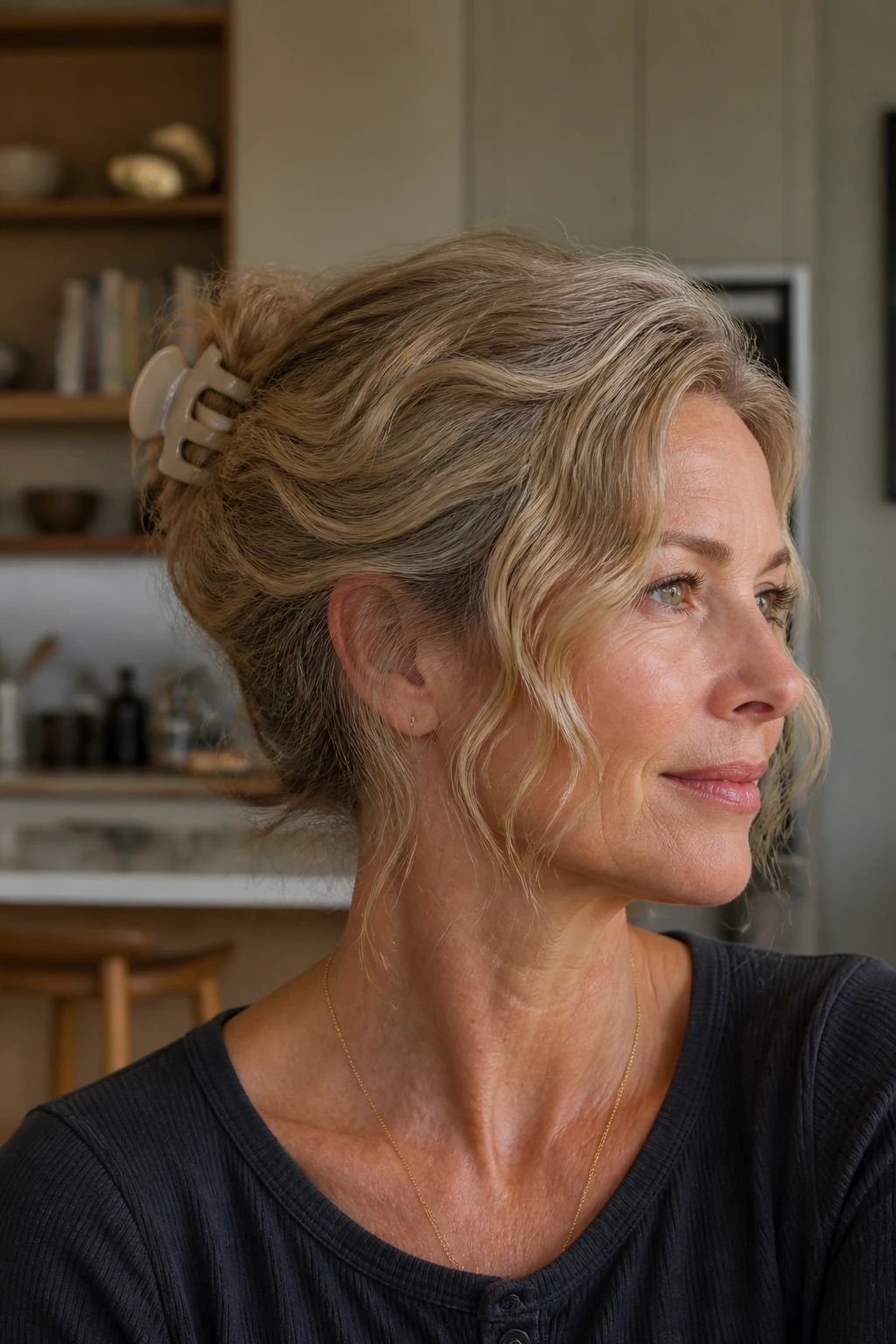 Close-up of a real woman with a claw clip twist on second-day hair