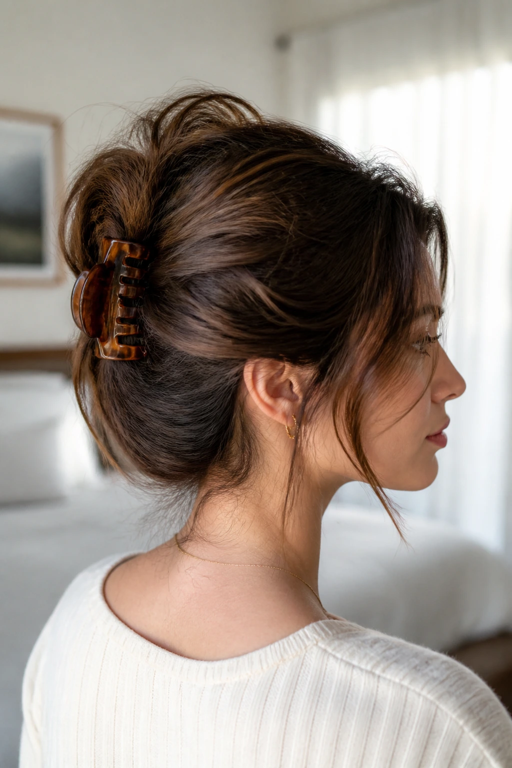 Close-up of a real woman with a high loose French twist secured by a claw clip