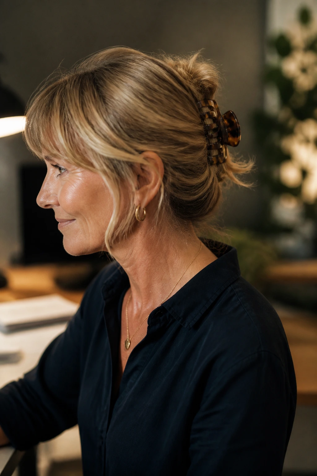 Side profile of a woman over 40 with a claw-clip twist and soft-ended hair.