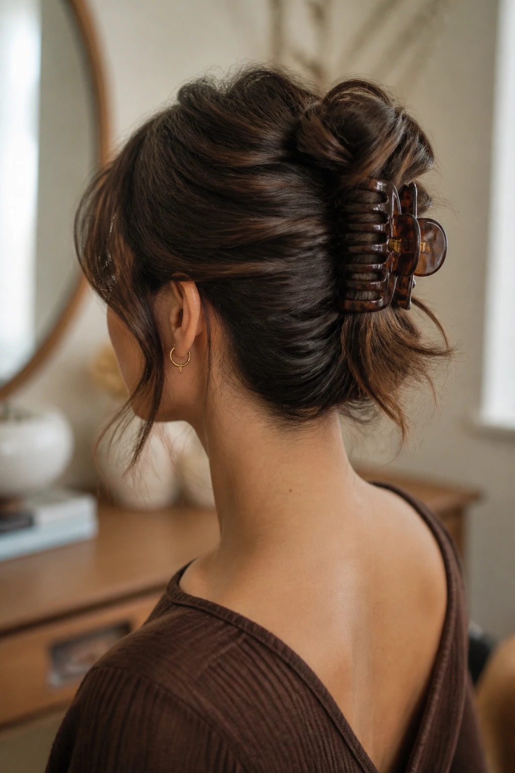 Back of head brunette with claw-clip French twist