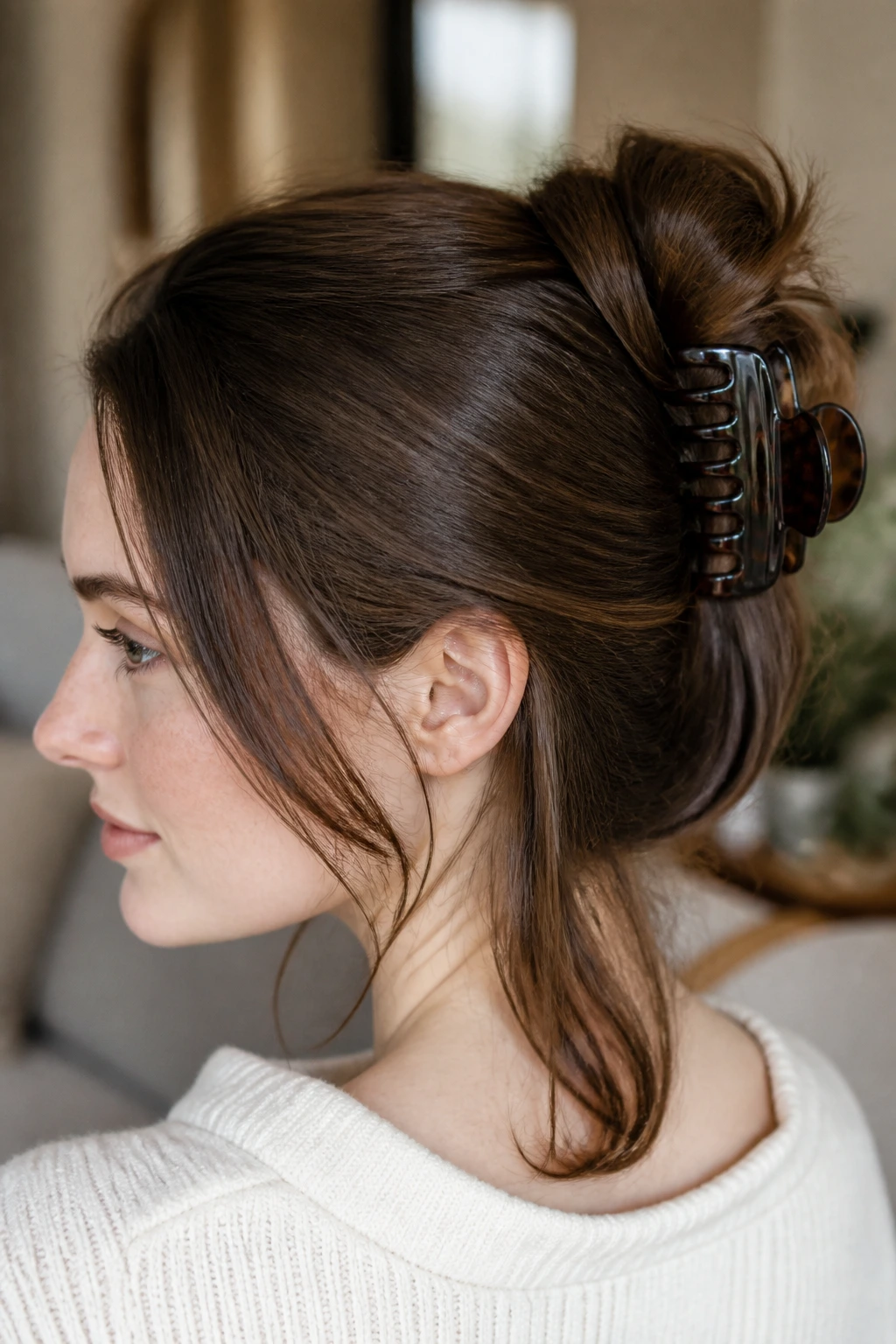 Portrait of a woman with claw-clip twist and soft bend in brunette hair