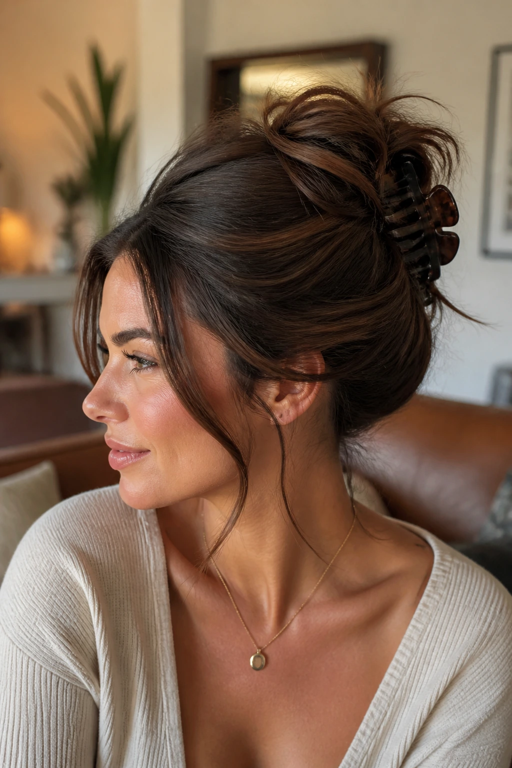 Real woman with a claw-clip twist and lifted crown