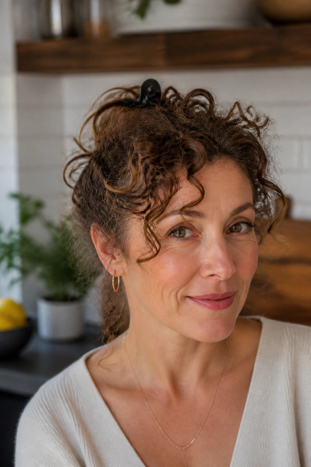 Real woman with claw-clip twist hairstyle on day-three curls