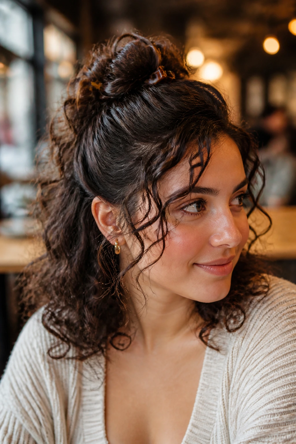 Portrait of a real woman with a claw-clip twist and loose curls
