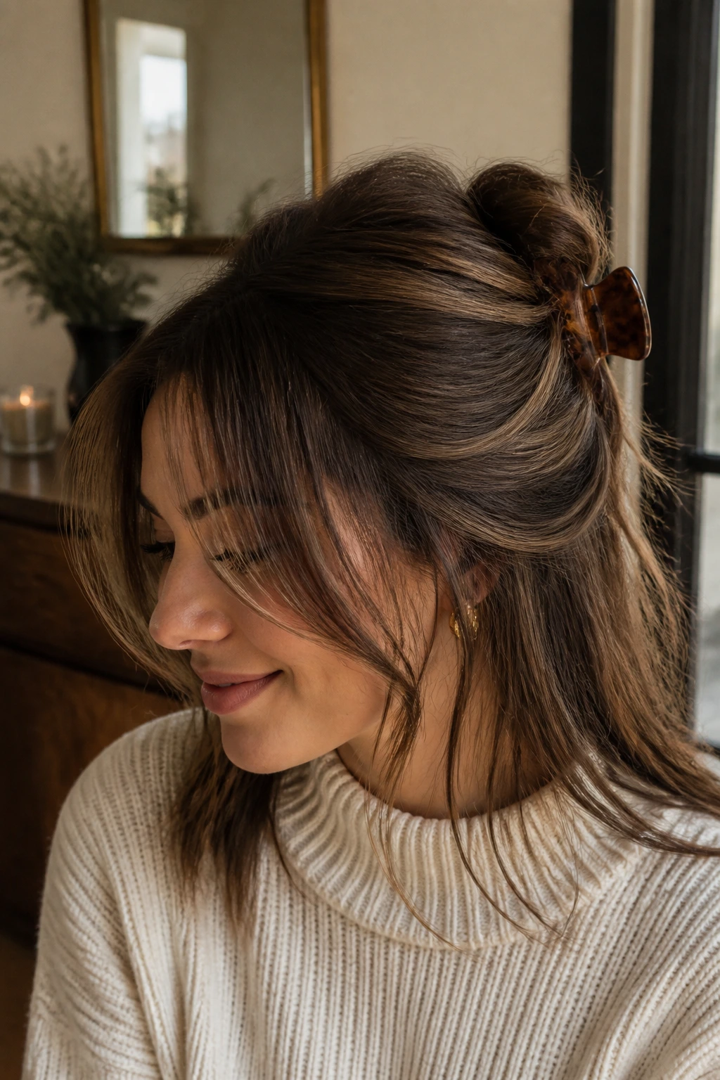 Portrait of woman with half-up claw clip twist and curtain bangs