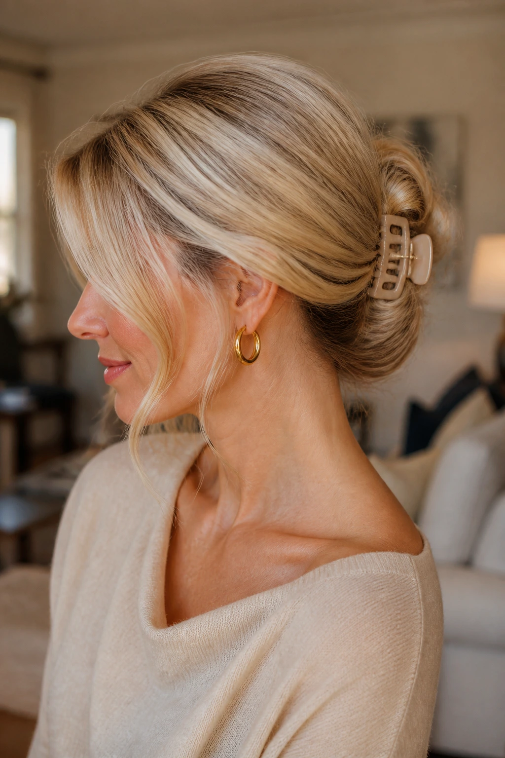 Close-up of a real woman wearing a claw-clip twist.