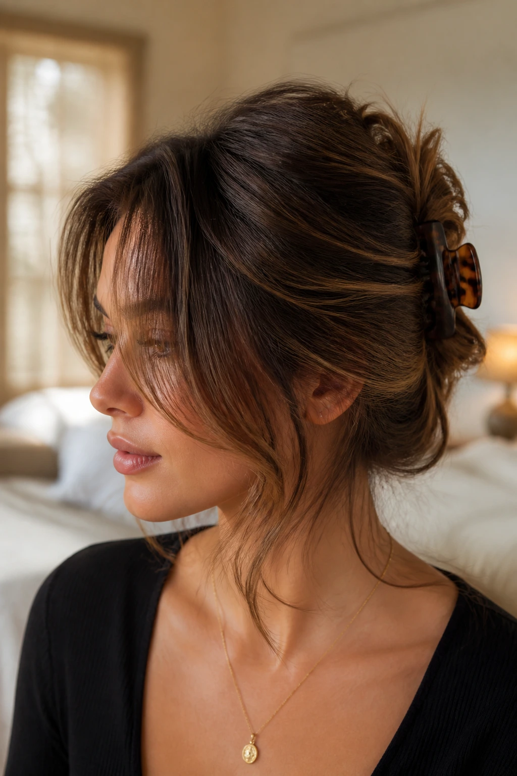 Close-up portrait of a woman with a claw-clip French twist and loose face-framing wisps in warm window light.