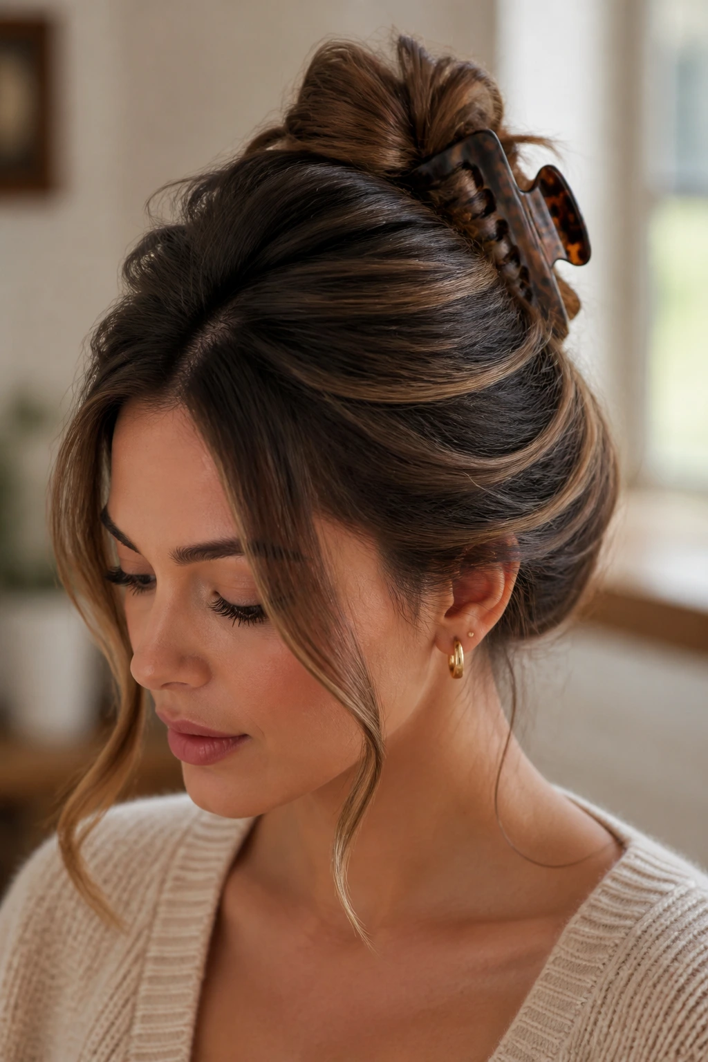 Close-up of a real woman with a claw-clip twist and face-framing strands.