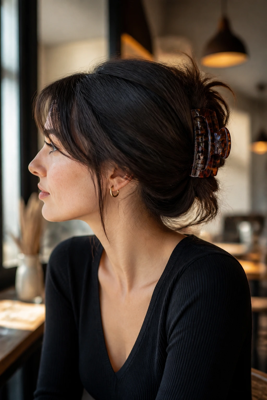 Close-up of a person with a claw-clip twist hairstyle