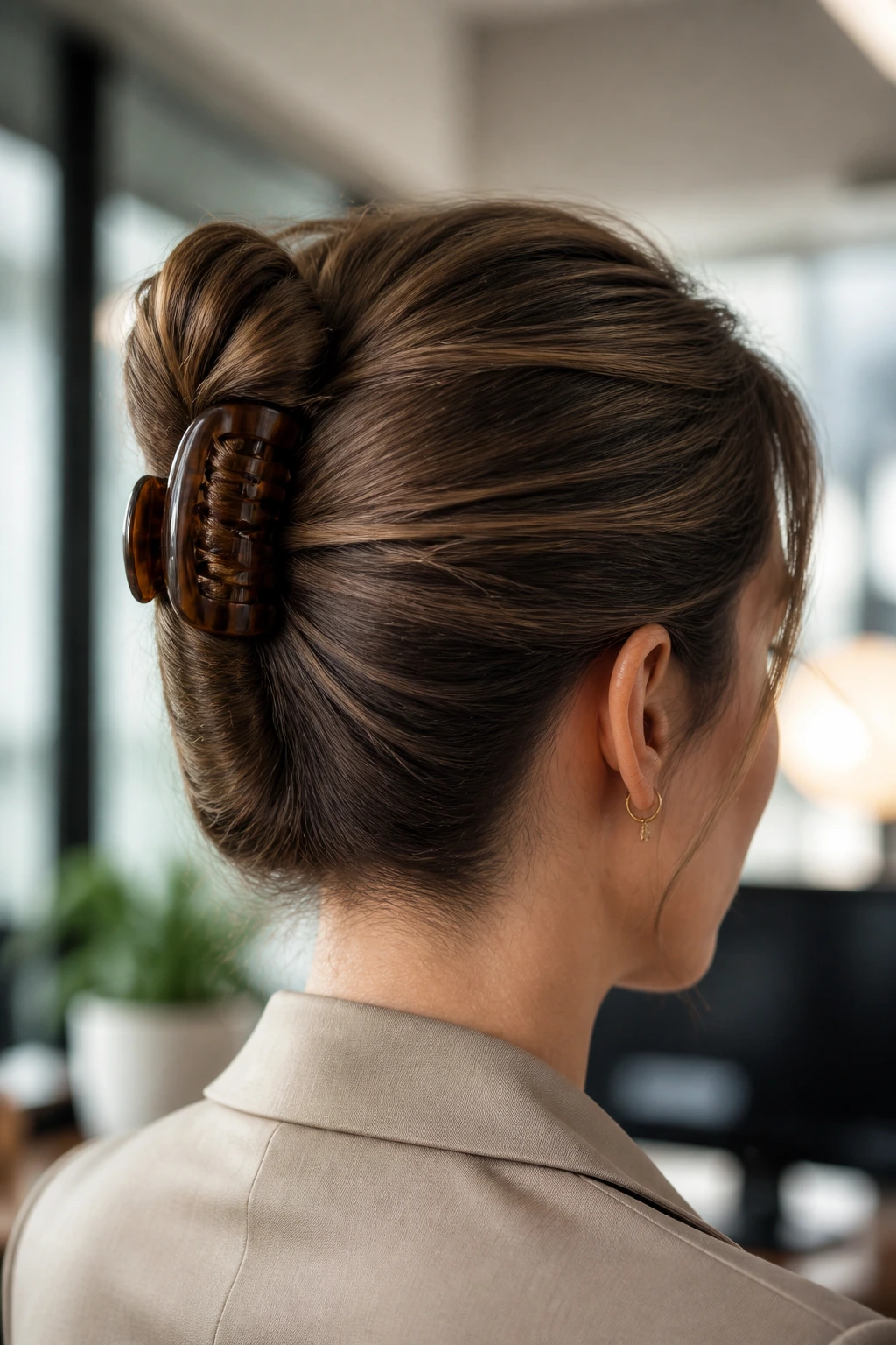 Close-up portrait of a real woman wearing a claw-clip French twist hairstyle.