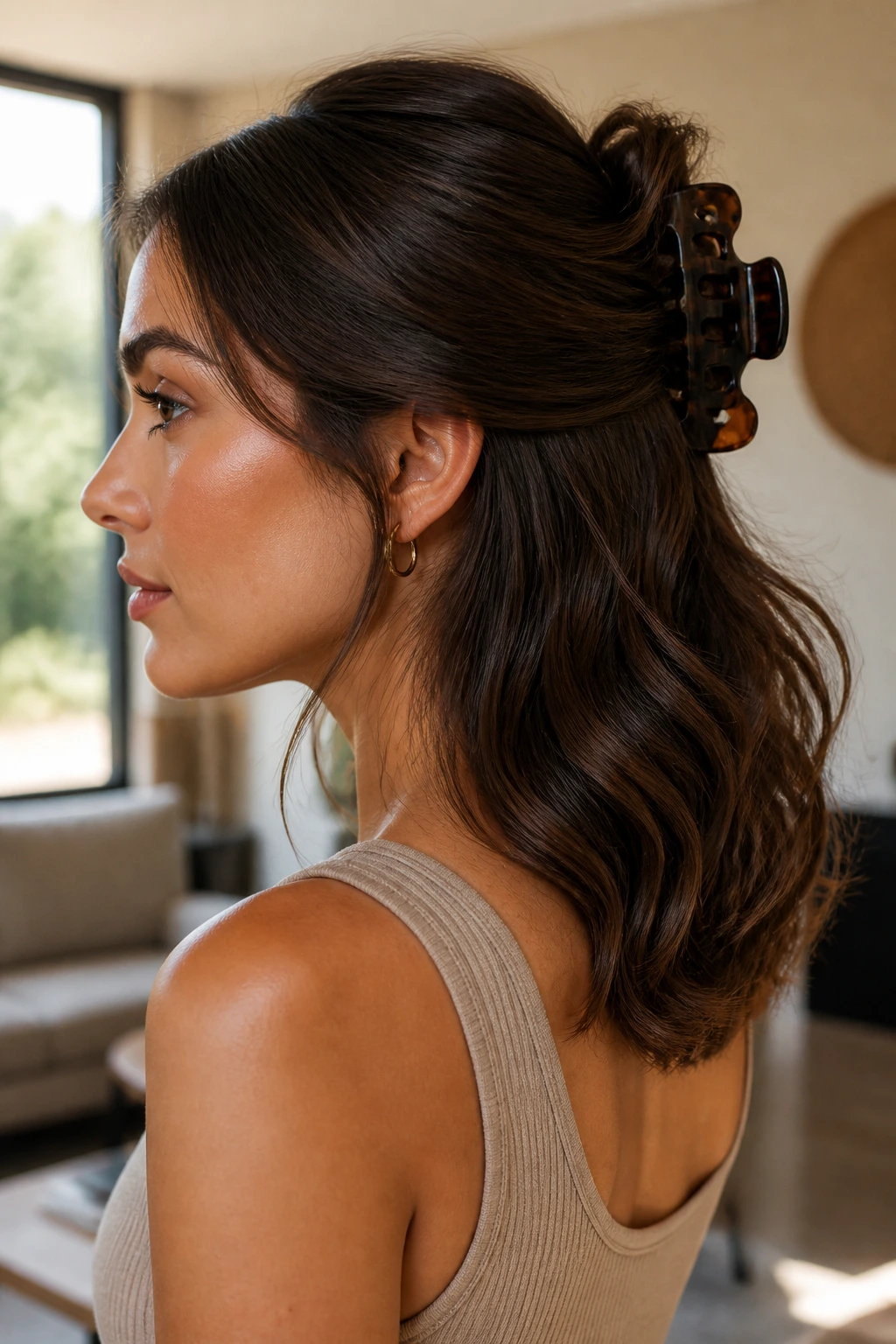 Close-up of real woman with claw-clip twist and loose length hairstyle