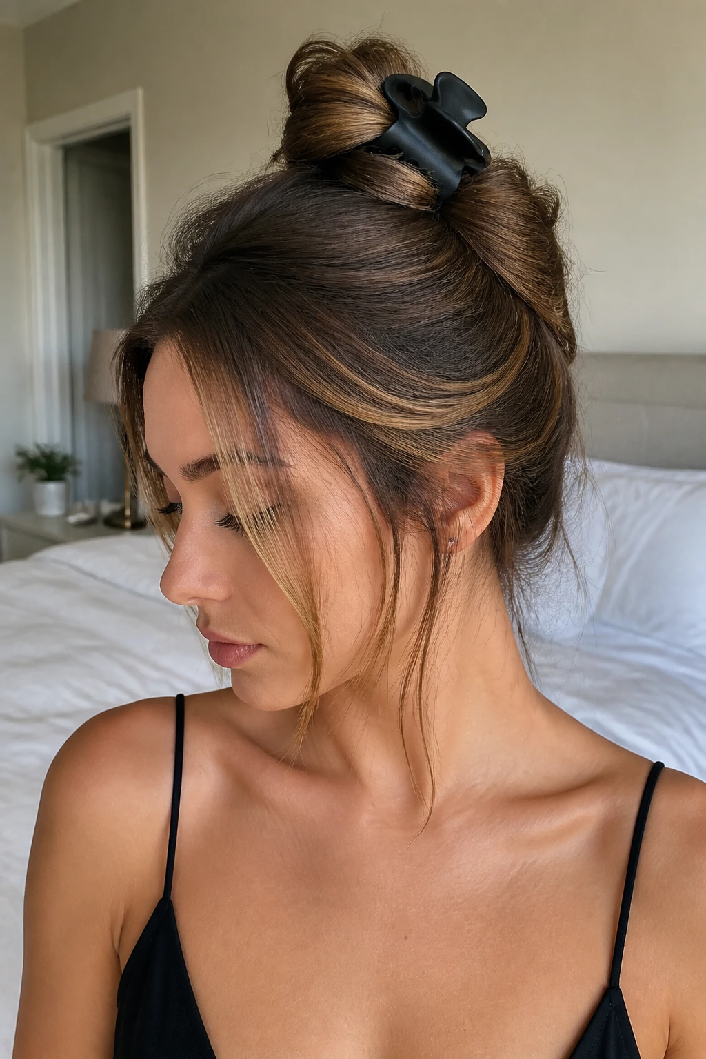 Close-up of a real woman with a high claw-clip twist and loose face-framing pieces