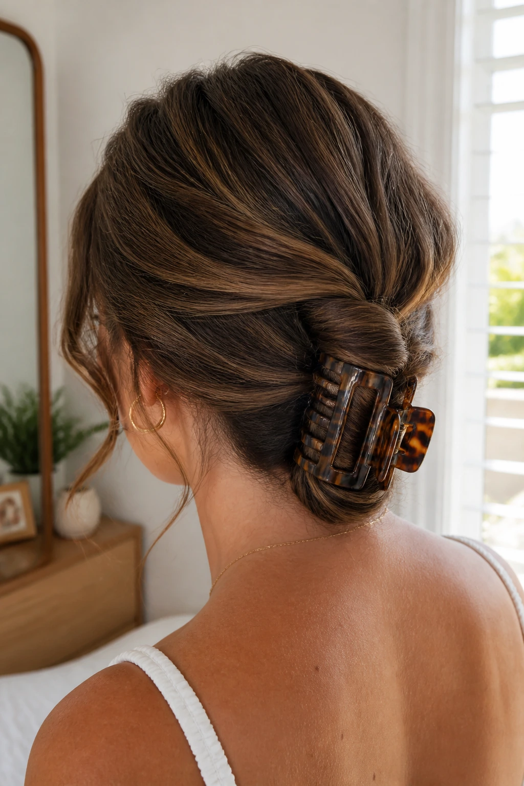 Back view of a real woman with a low claw-clip twist at the nape