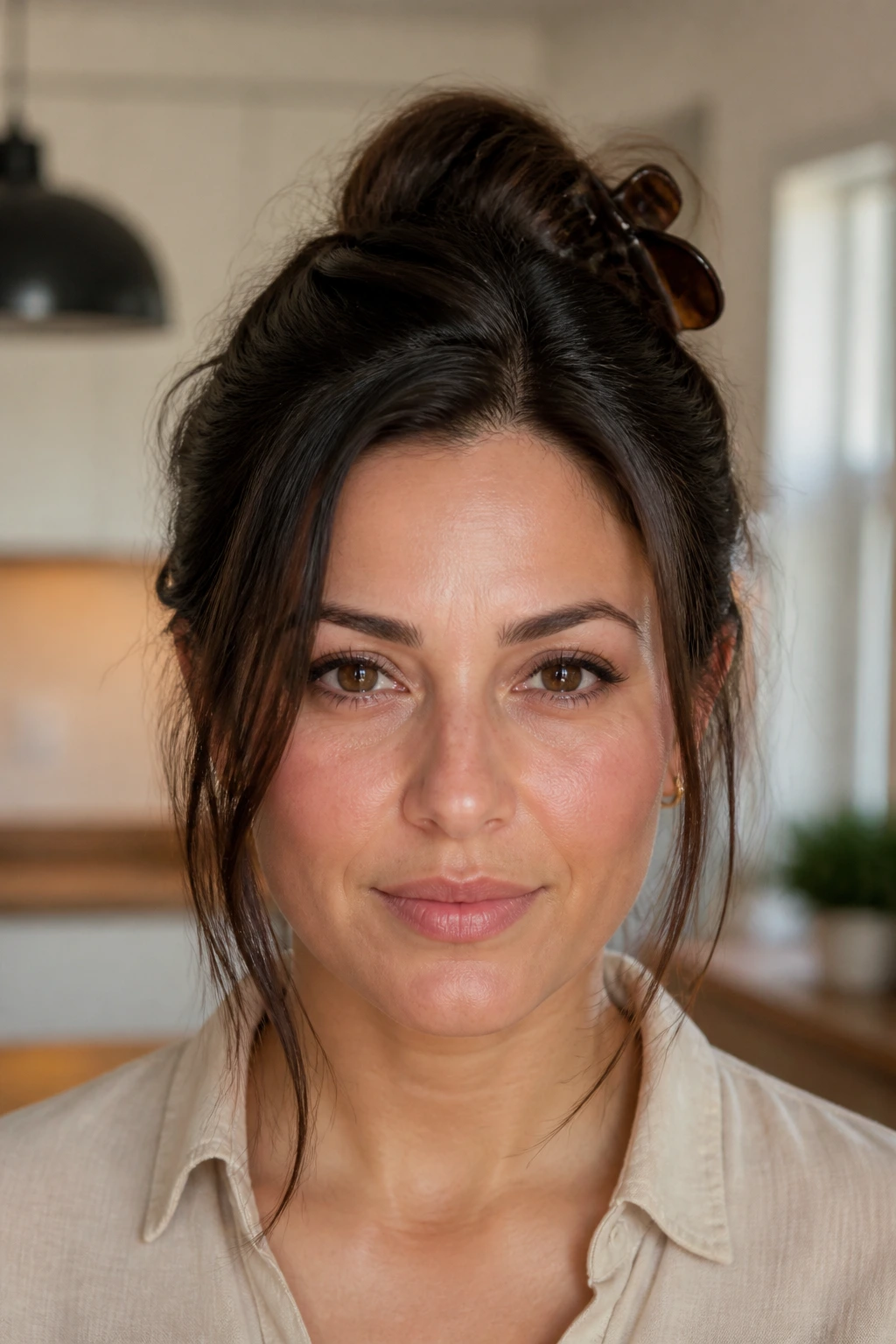 Close-up of a woman with a claw-clip twist hairstyle