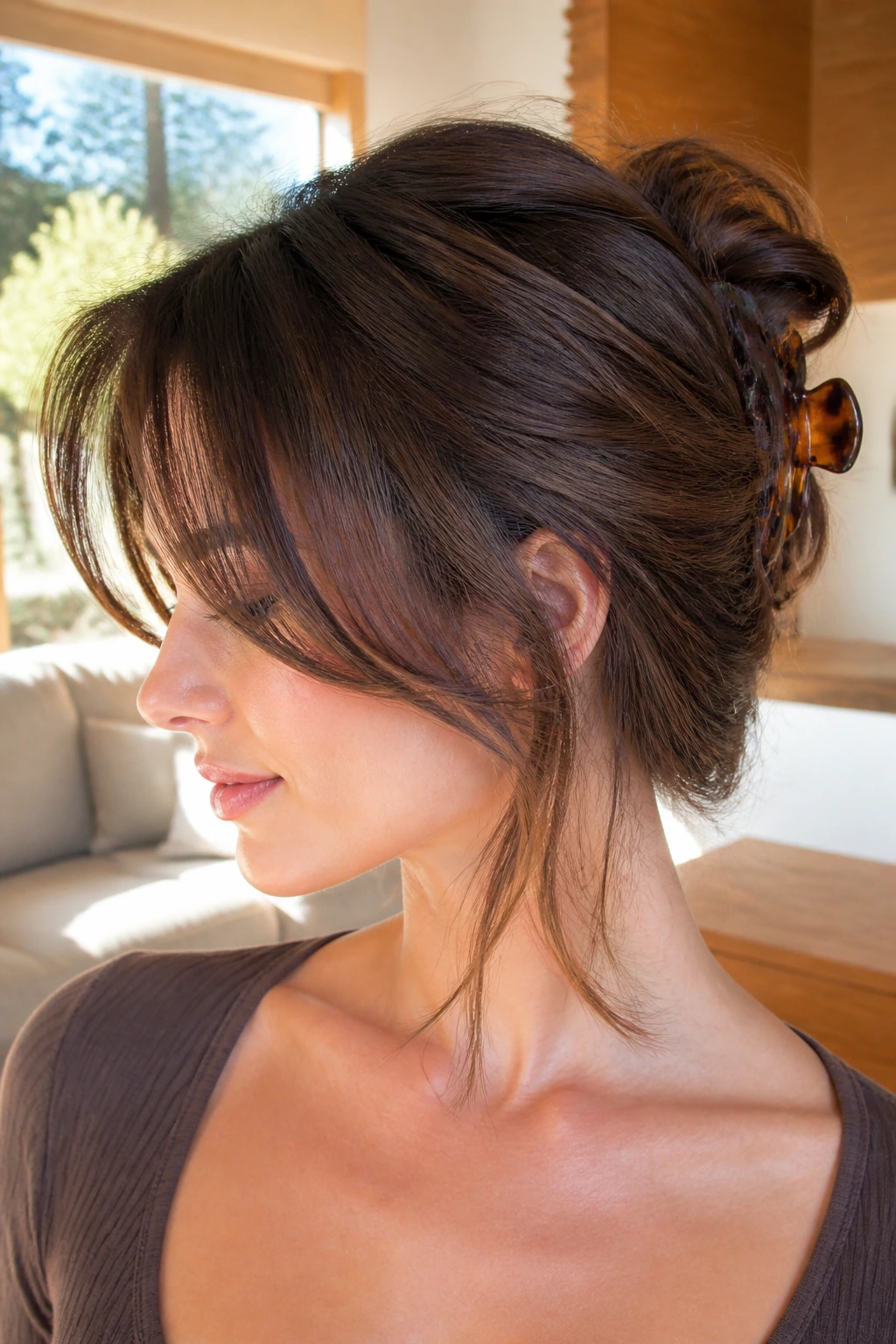 Close-up of a real woman with a claw-clip twist hairstyle