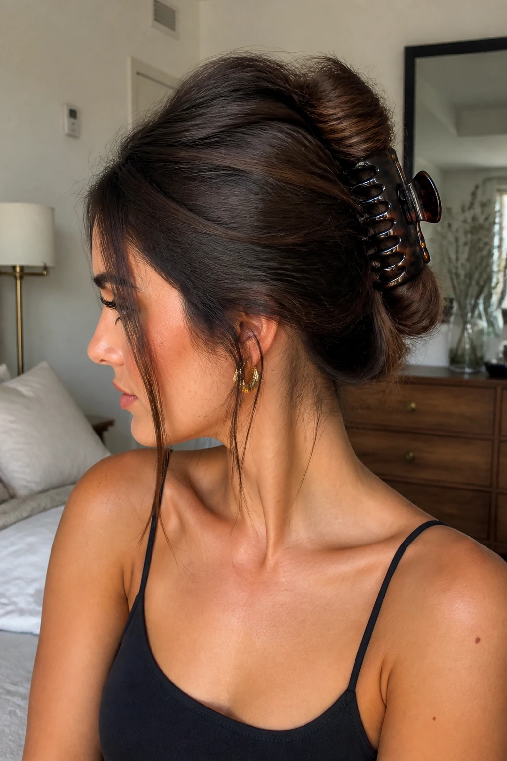Portrait of person with claw-clip twist hairstyle