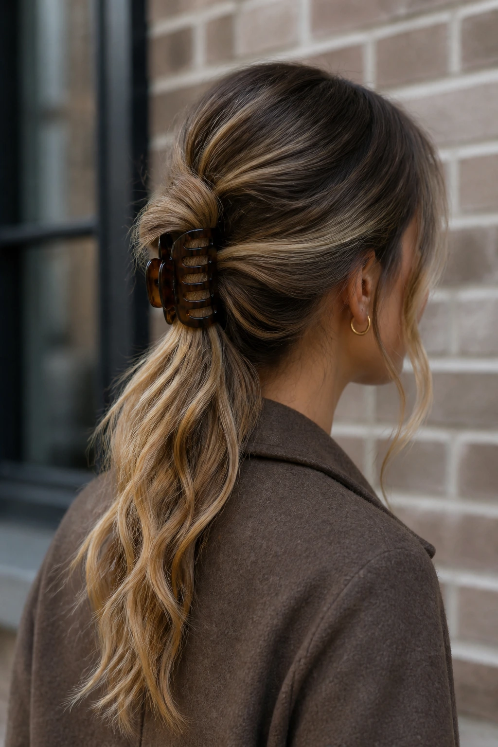 Rear view of a real woman with a low claw-clip twist and loose ends