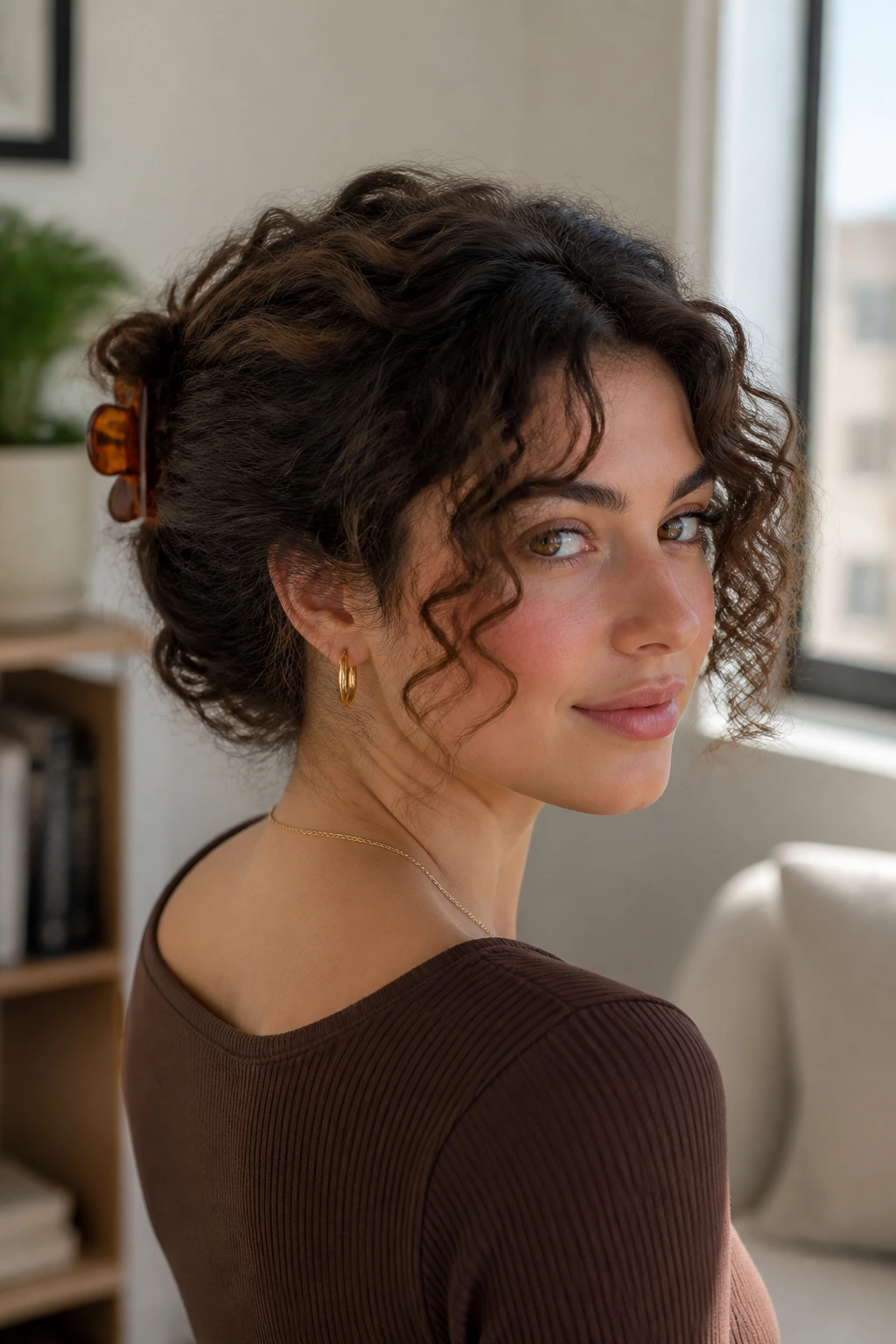 Profile close-up of a woman with a claw-clip twist and loose fringe in softly lit living room