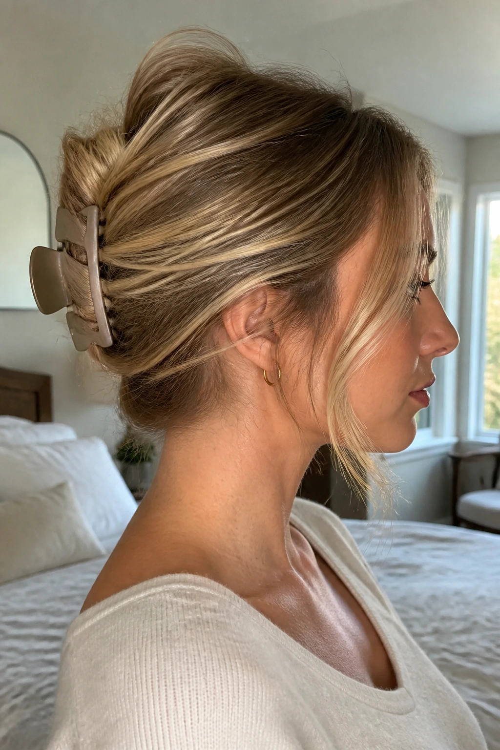 Side-profile of a real woman with claw-clip twist and loose volume