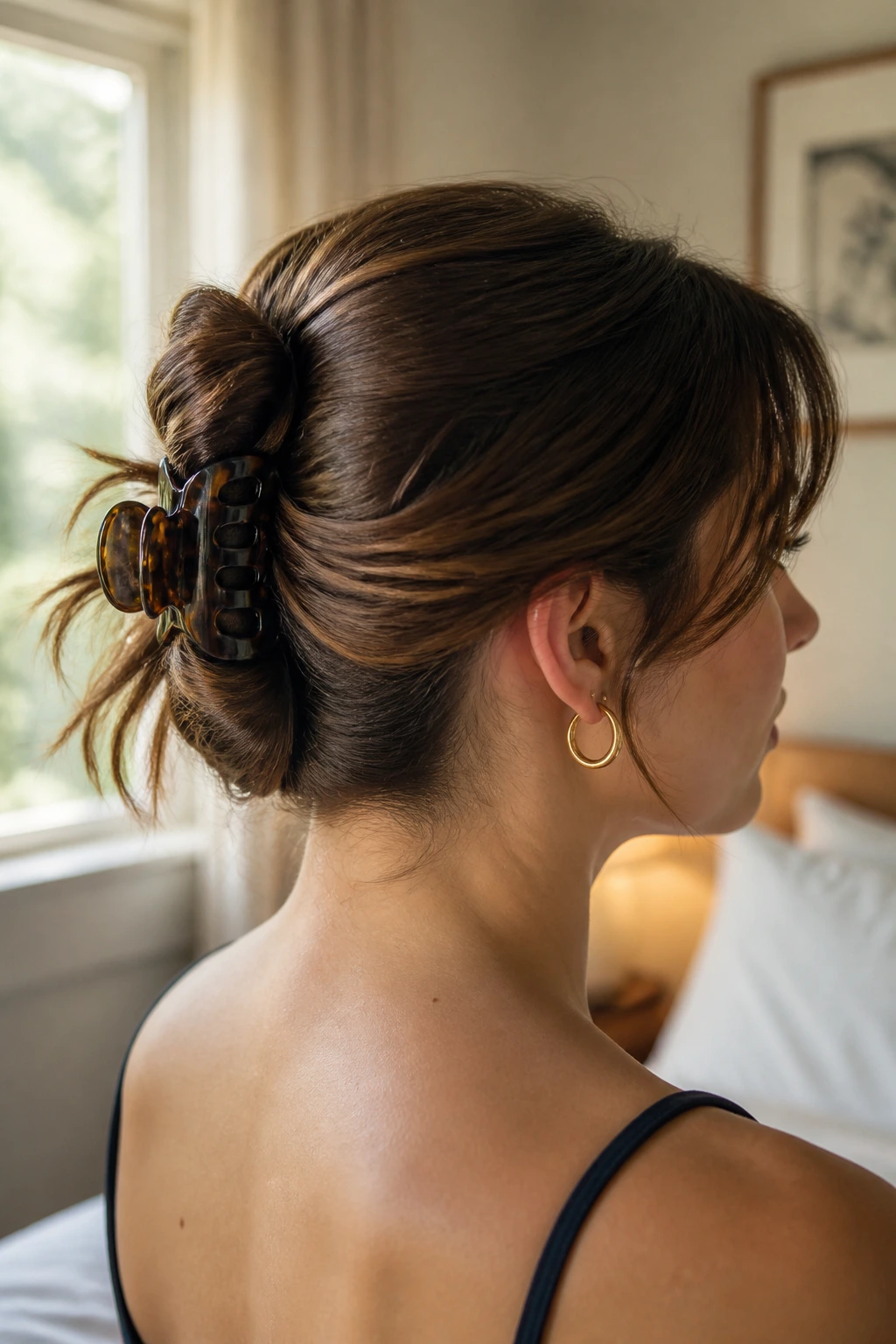 Close-up of a real woman with a Claw-Clip French Twist hairstyle in a softly lit bedroom.