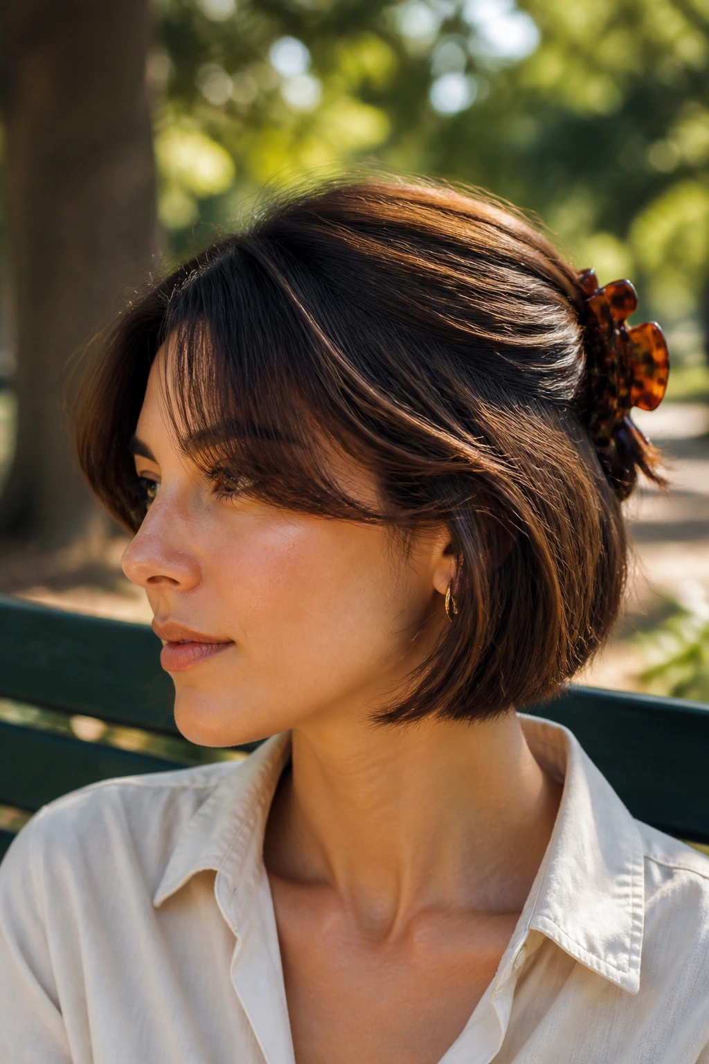 Close-up portrait of a real woman with a claw-clip twist hairstyle