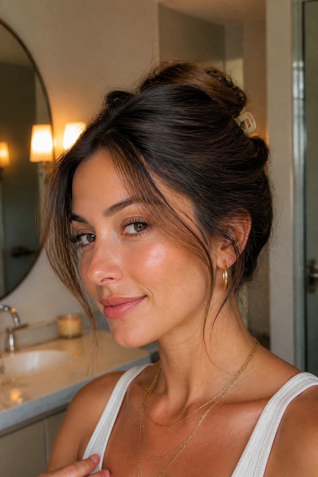 Close-up of a real woman with a high-back claw-clip twist hairstyle.