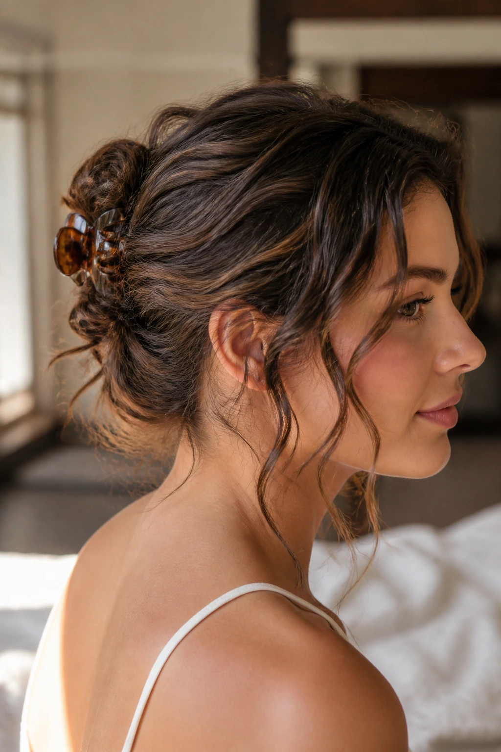 Close-up of a real woman with claw-clip twist and soft tendrils in wavy hair
