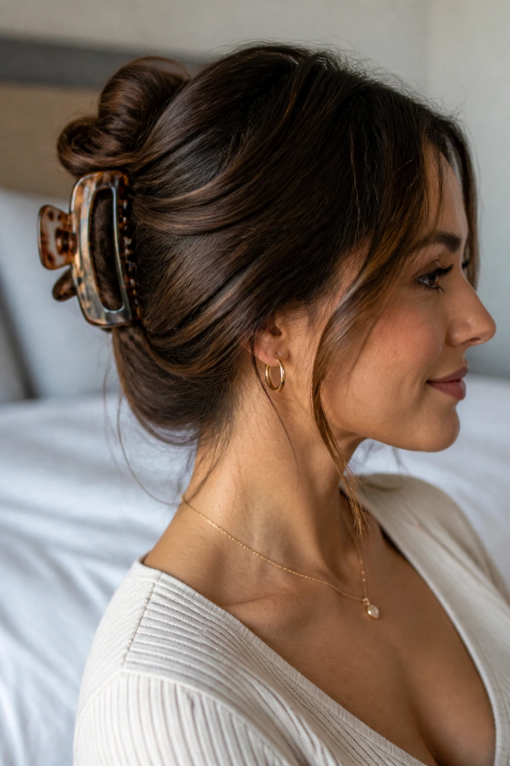 Close-up of a real woman with a claw-clip twist hairstyle secured by a clip